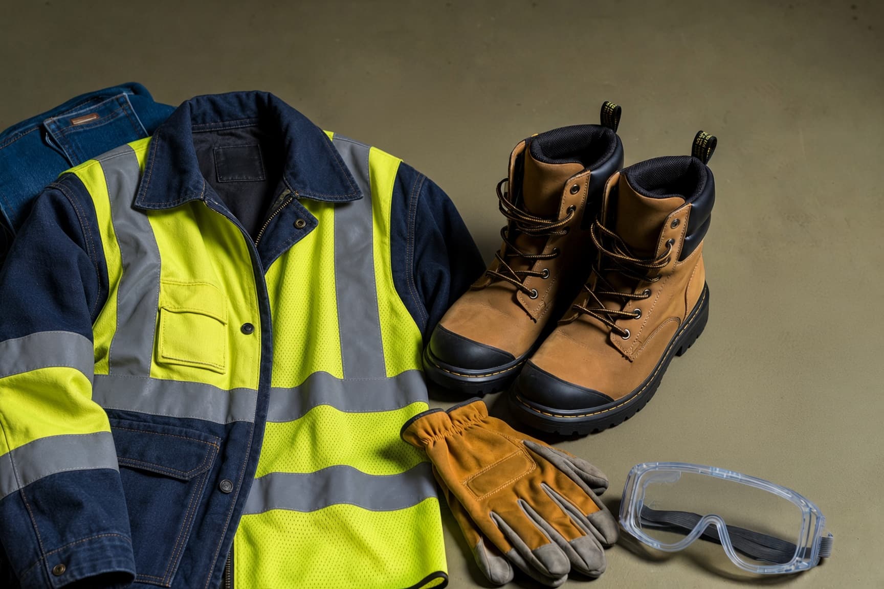 High-visibility workwear, safety boots, gloves and goggles